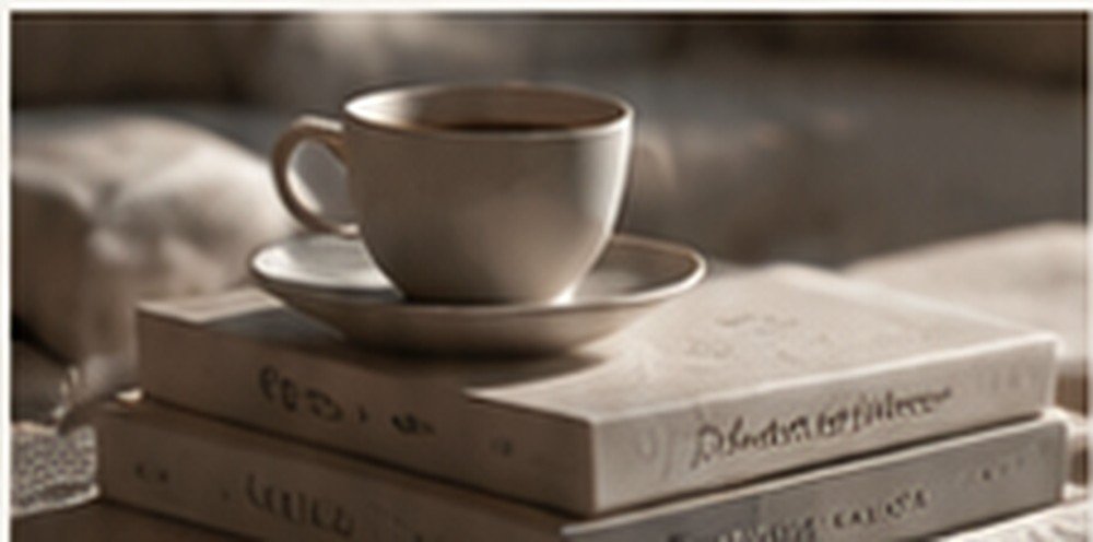 Soft home ritual with books and a warm drink